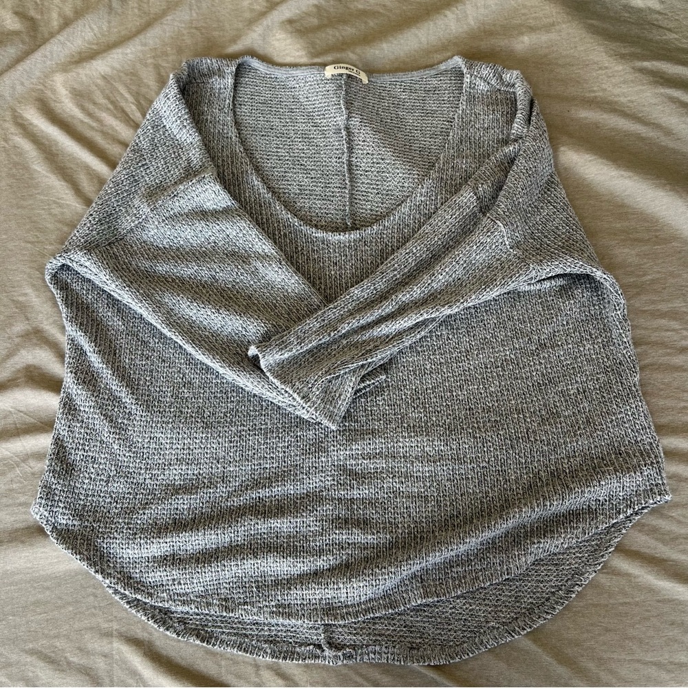 Gray Women's Waffle Knit Sweater-Scoop neck